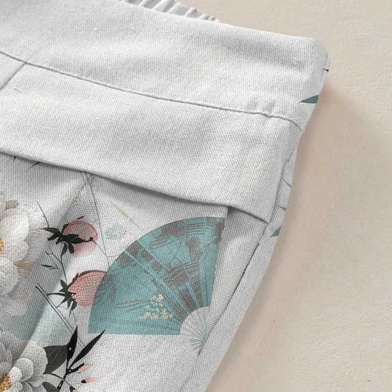 Buddha Stones Pantalones de mujer de algodón y lino con estampado oriental de hojas de bambú, cintura elástica y pernera ancha con bolsillos. - image 3