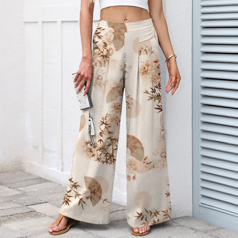 Buddha Stones Pantalones de mujer de algodón y lino con estampado oriental de hojas de bambú, cintura elástica y pernera ancha con bolsillos. - image 6
