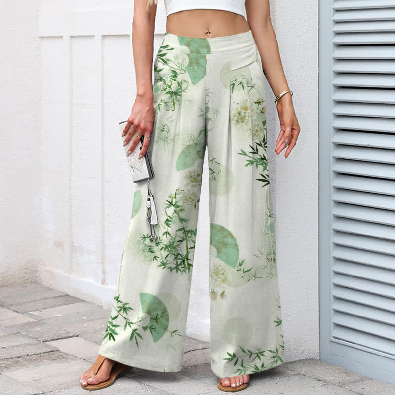 Buddha Stones Pantalones de mujer de algodón y lino con estampado oriental de hojas de bambú, cintura elástica y pernera ancha con bolsillos. - image 8