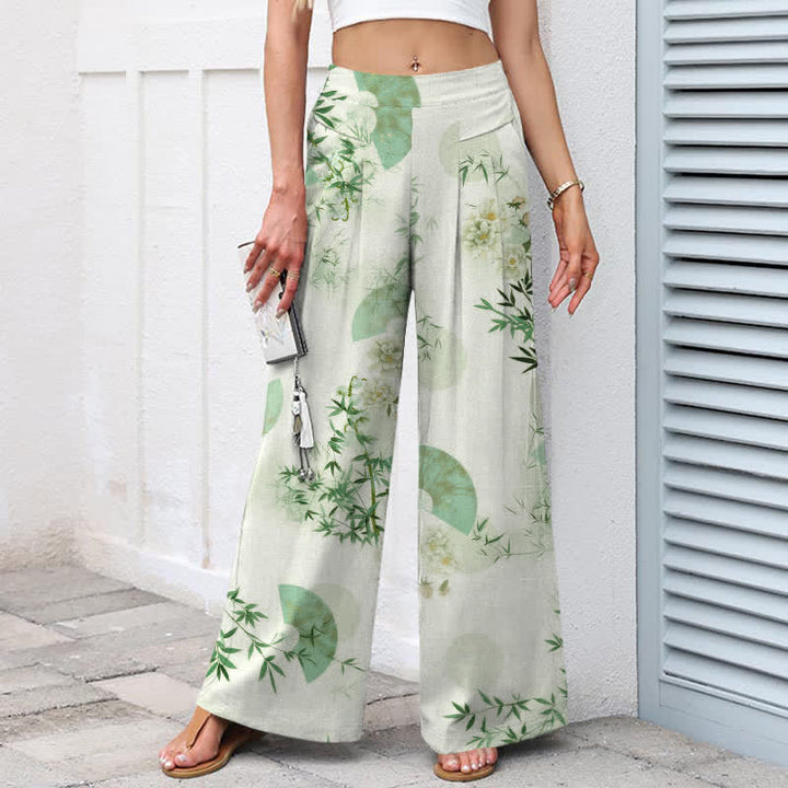 Buddha Stones Pantalones de mujer de algodón y lino con estampado oriental de hojas de bambú, cintura elástica y pernera ancha con bolsillos. - image 8