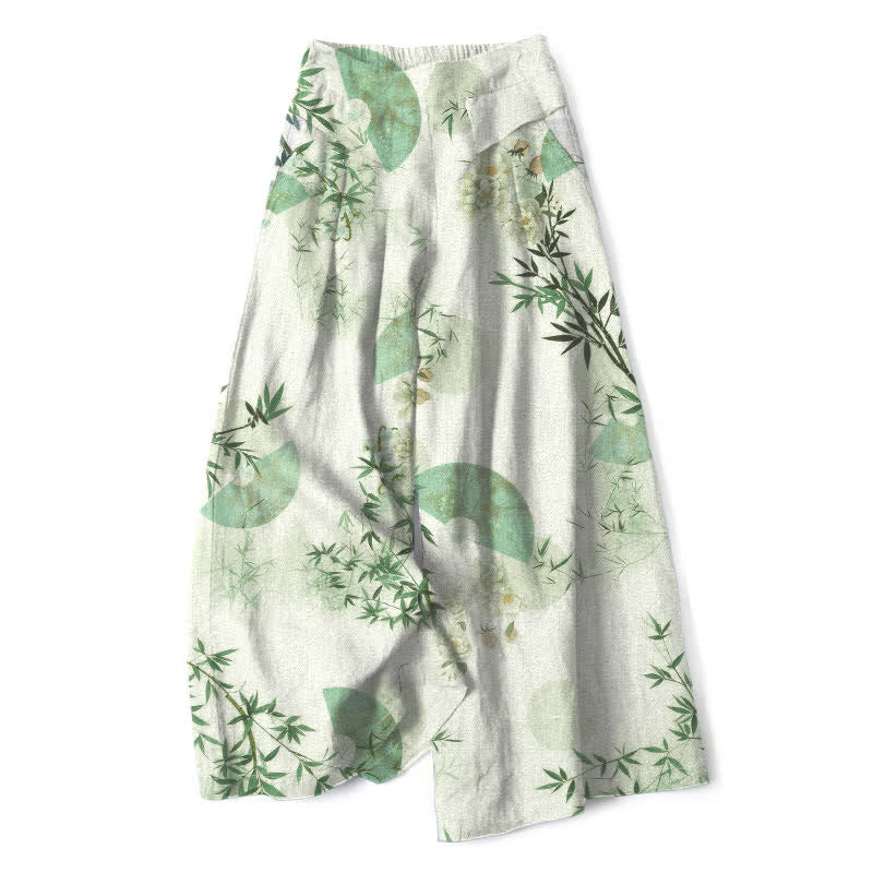 Buddha Stones Pantalones de mujer de algodón y lino con estampado oriental de hojas de bambú, cintura elástica y pernera ancha con bolsillos. - Gotas de miel - US16，UK/AU20，EU48 (3XL) - image 7