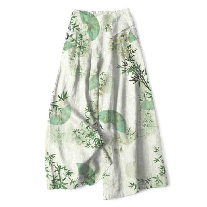Buddha Stones Pantalones de mujer de algodón y lino con estampado oriental de hojas de bambú, cintura elástica y pernera ancha con bolsillos. - Gotas de miel - US16，UK/AU20，EU48 (3XL) - image 7