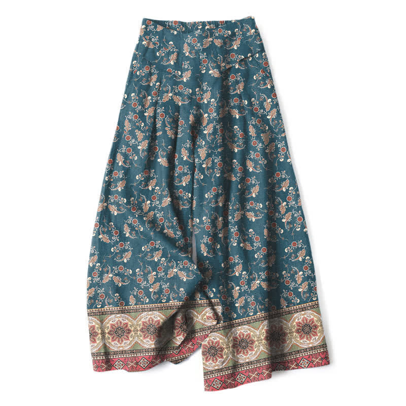 Buddha Stones Pantalones de mujer de algodón y lino con estampado floral bohemio, cintura elástica y pernera ancha con bolsillos. - Verde azulado - US16，UK/AU20，EU48 (3XL) - image 0