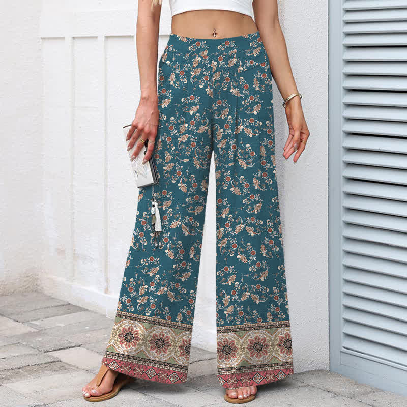 Buddha Stones Pantalones de mujer de algodón y lino con estampado floral bohemio, cintura elástica y pernera ancha con bolsillos. - image 1