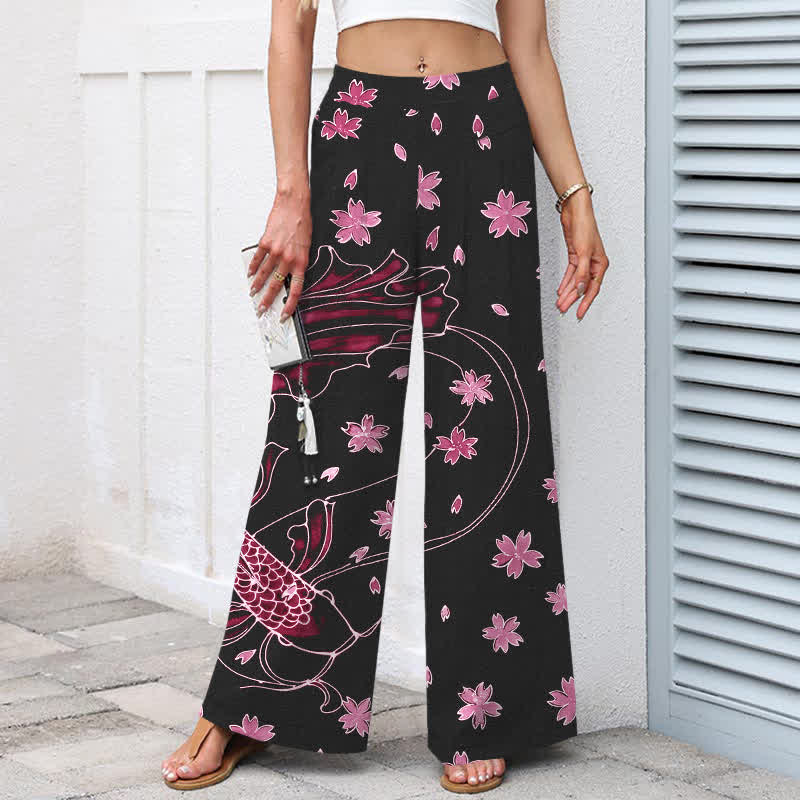 Buddha Stones Pantalones de mujer de algodón y lino con estampado floral de peces koi, cintura elástica y pernera ancha con bolsillos. - image 6