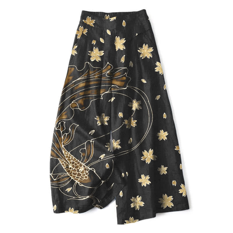 Buddha Stones Pantalones de mujer de algodón y lino con estampado floral de peces koi, cintura elástica y pernera ancha con bolsillos. - vara de oro pálida - US16，UK/AU20，EU48 (3XL) - image 7