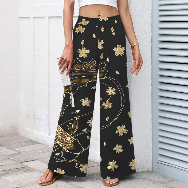 Buddha Stones Pantalones de mujer de algodón y lino con estampado floral de peces koi, cintura elástica y pernera ancha con bolsillos. - image 8