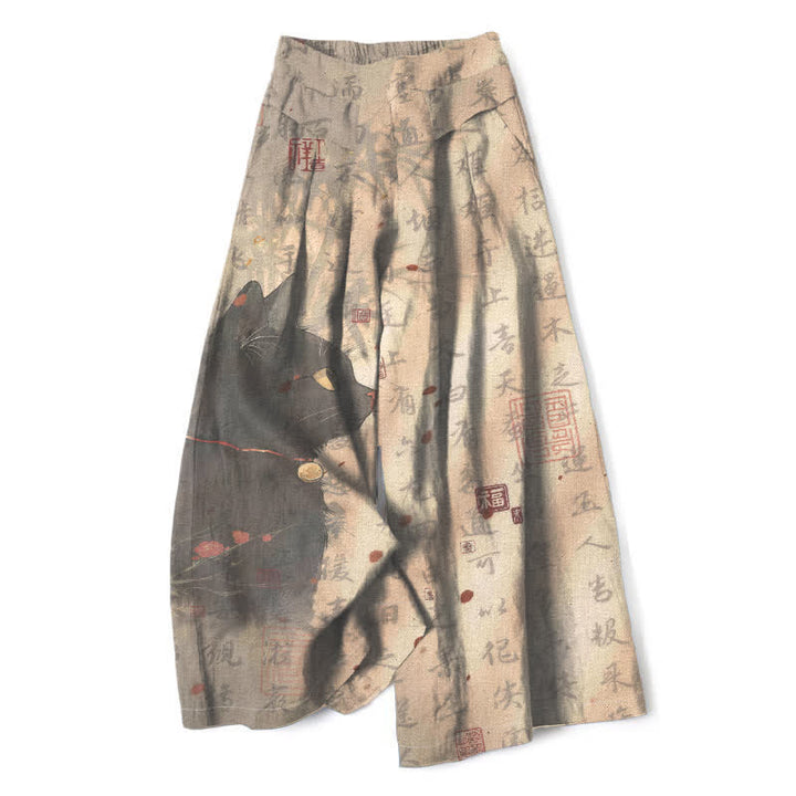 Buddha Stones Pantalones de mujer de algodón y lino con estampado de gato caligráfico, cintura elástica y pernera ancha con bolsillos. - Broncearse - US16，UK/AU20，EU48 (3XL) - image 0