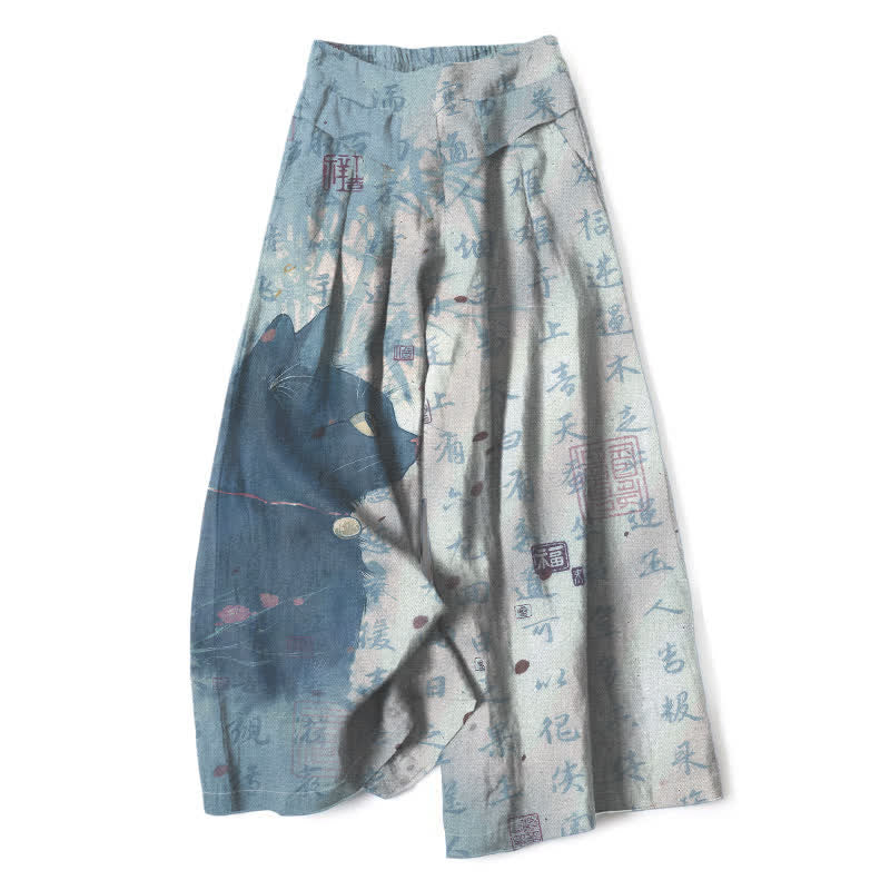 Buddha Stones Pantalones de mujer de algodón y lino con estampado de gato caligráfico, cintura elástica y pernera ancha con bolsillos. - Azul acero claro - US16，UK/AU20，EU48 (3XL) - image 5
