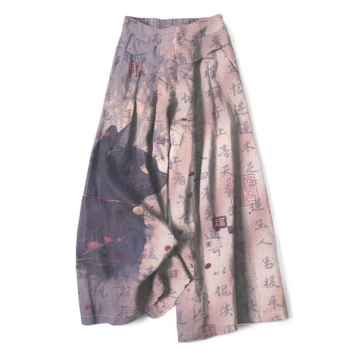 Buddha Stones Pantalones de mujer de algodón y lino con estampado de gato caligráfico, cintura elástica y pernera ancha con bolsillos. - Cardo - US16，UK/AU20，EU48 (3XL) - image 7