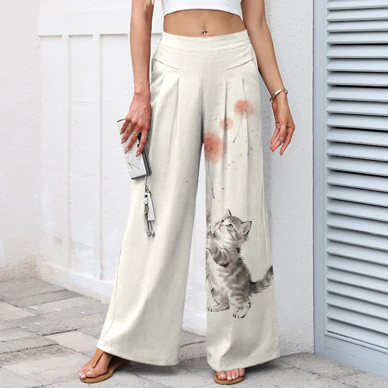 Buddha Stones Pantalones de mujer de algodón y lino con estampado floral de gatos en acuarela, cintura elástica y pernera ancha con bolsillos. - image 1