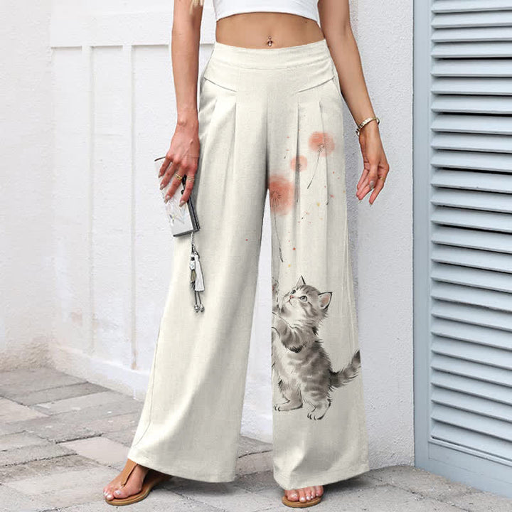 Buddha Stones Pantalones de mujer de algodón y lino con estampado floral de gatos en acuarela, cintura elástica y pernera ancha con bolsillos. - image 1