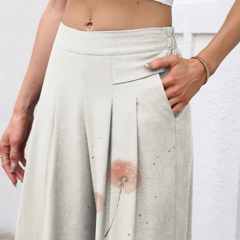 Buddha Stones Pantalones de mujer de algodón y lino con estampado floral de gatos en acuarela, cintura elástica y pernera ancha con bolsillos. - image 2