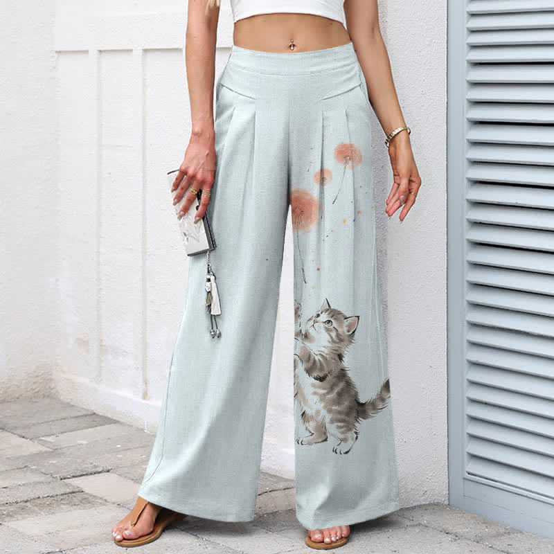Buddha Stones Pantalones de mujer de algodón y lino con estampado floral de gatos en acuarela, cintura elástica y pernera ancha con bolsillos. - image 6