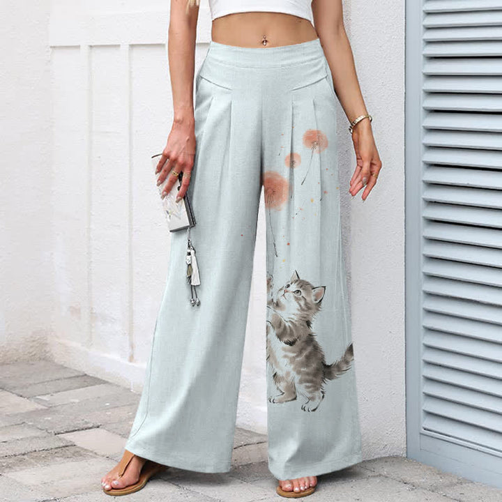Buddha Stones Pantalones de mujer de algodón y lino con estampado floral de gatos en acuarela, cintura elástica y pernera ancha con bolsillos. - image 6