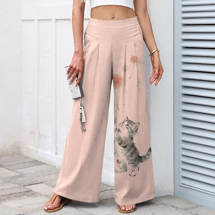 Buddha Stones Pantalones de mujer de algodón y lino con estampado floral de gatos en acuarela, cintura elástica y pernera ancha con bolsillos. - image 8