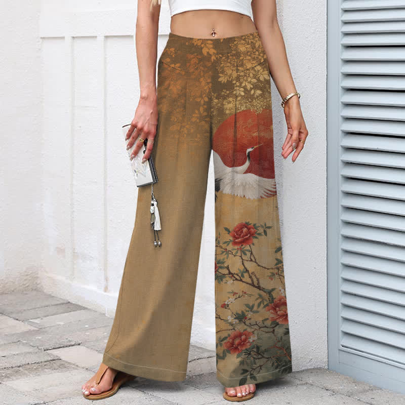 Buddha Stones Pantalones de mujer de algodón y lino con estampado floral de grullas, cintura elástica y pernera ancha con bolsillos. - image 1