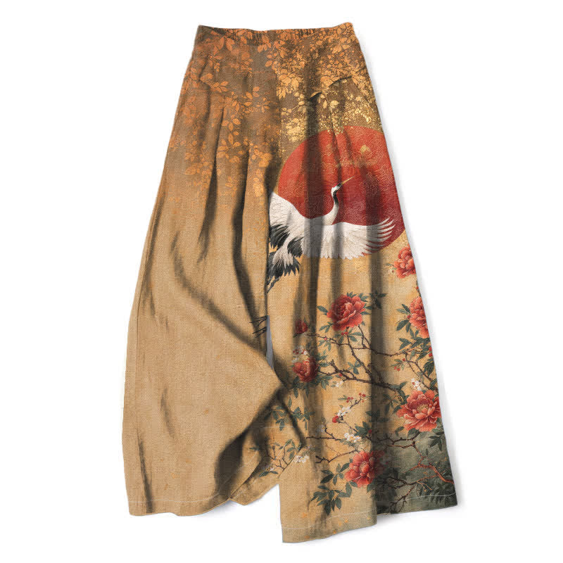 Buddha Stones Pantalones de mujer de algodón y lino con estampado floral de grullas, cintura elástica y pernera ancha con bolsillos. - Broncearse - US16，UK/AU20，EU48 (3XL) - image 0