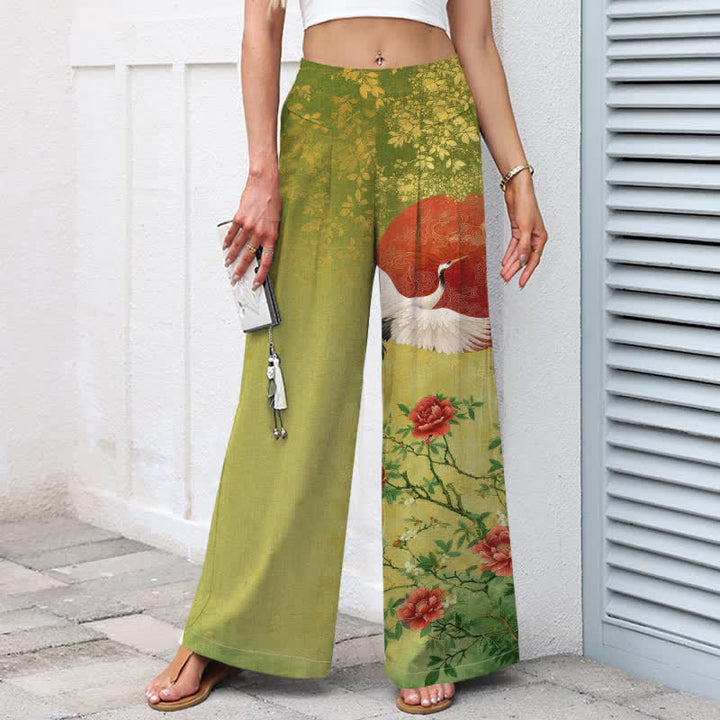 Buddha Stones Pantalones de mujer de algodón y lino con estampado floral de grullas, cintura elástica y pernera ancha con bolsillos. - image 6