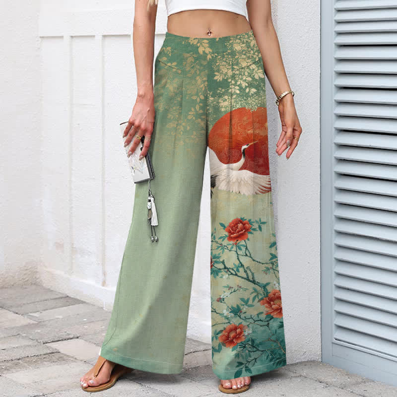Buddha Stones Pantalones de mujer de algodón y lino con estampado floral de grullas, cintura elástica y pernera ancha con bolsillos. - image 8