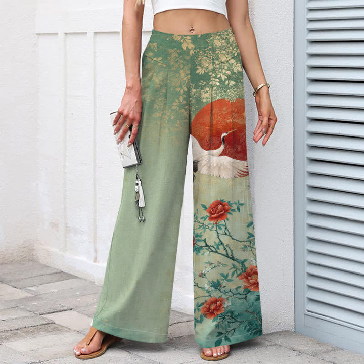 Buddha Stones Pantalones de mujer de algodón y lino con estampado floral de grullas, cintura elástica y pernera ancha con bolsillos. - image 8