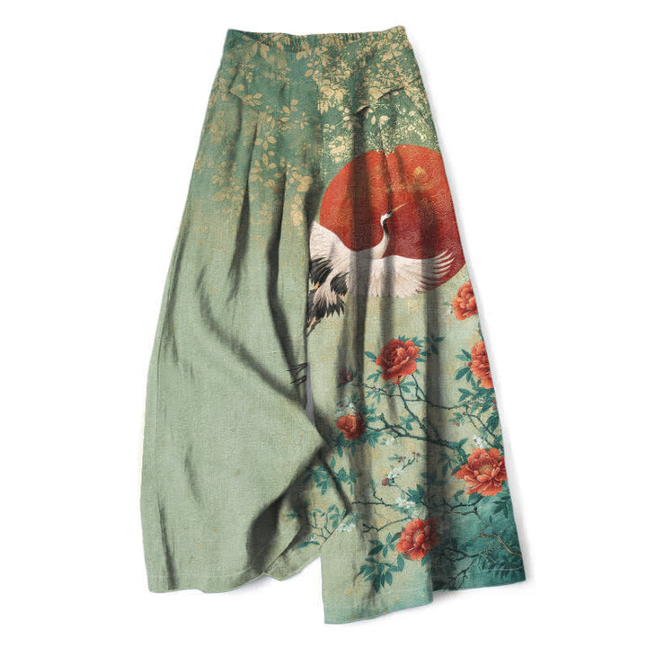 Buddha Stones Pantalones de mujer de algodón y lino con estampado floral de grullas, cintura elástica y pernera ancha con bolsillos. - Verde mar oscuro - US16，UK/AU20，EU48 (3XL) - image 7