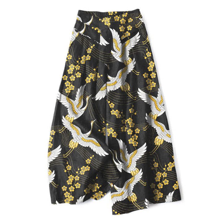 Buddha Stones Pantalones de mujer de algodón y lino con estampado de grullas y flores, cintura elástica, pernera ancha y bolsillos. - Negro - US16，UK/AU20，EU48 (3XL) - image 0