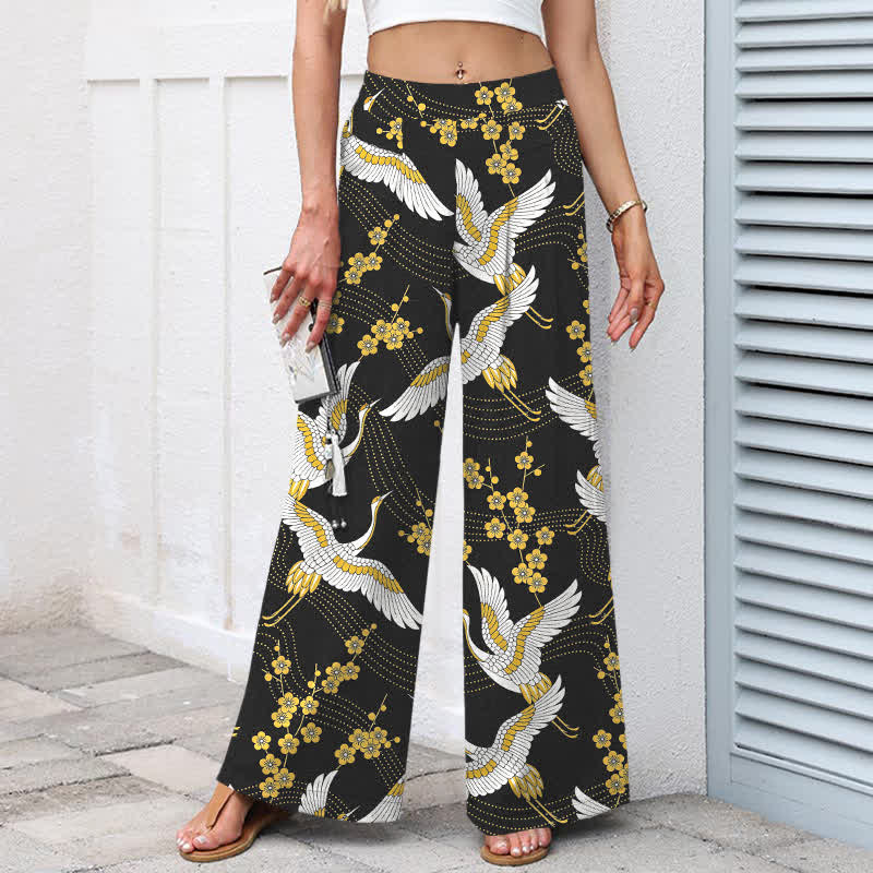 Buddha Stones Pantalones de mujer de algodón y lino con estampado de grullas y flores, cintura elástica, pernera ancha y bolsillos. - image 1