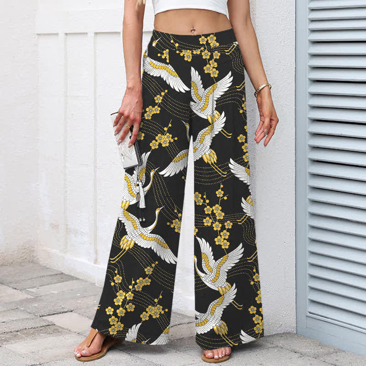 Buddha Stones Pantalones de mujer de algodón y lino con estampado de grullas y flores, cintura elástica, pernera ancha y bolsillos. - image 1