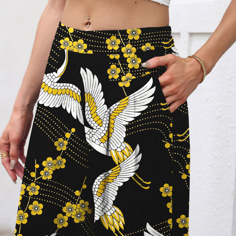 Buddha Stones Pantalones de mujer de algodón y lino con estampado de grullas y flores, cintura elástica, pernera ancha y bolsillos. - image 2