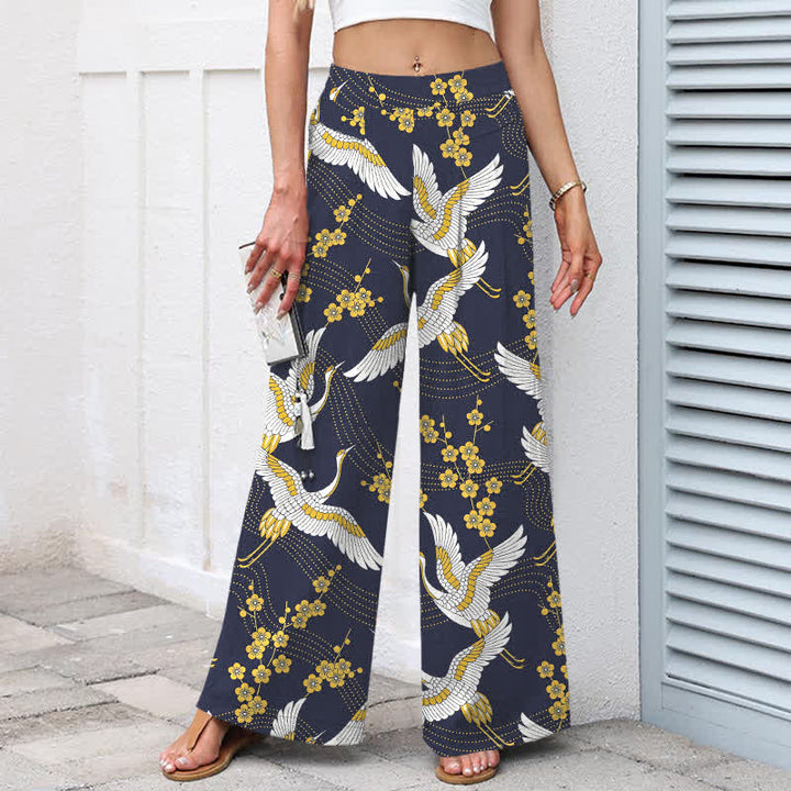 Buddha Stones Pantalones de mujer de algodón y lino con estampado de grullas y flores, cintura elástica, pernera ancha y bolsillos. - image 6