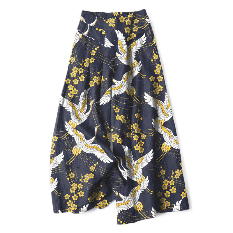Buddha Stones Pantalones de mujer de algodón y lino con estampado de grullas y flores, cintura elástica, pernera ancha y bolsillos. - Marina de guerra - US16，UK/AU20，EU48 (3XL) - image 5