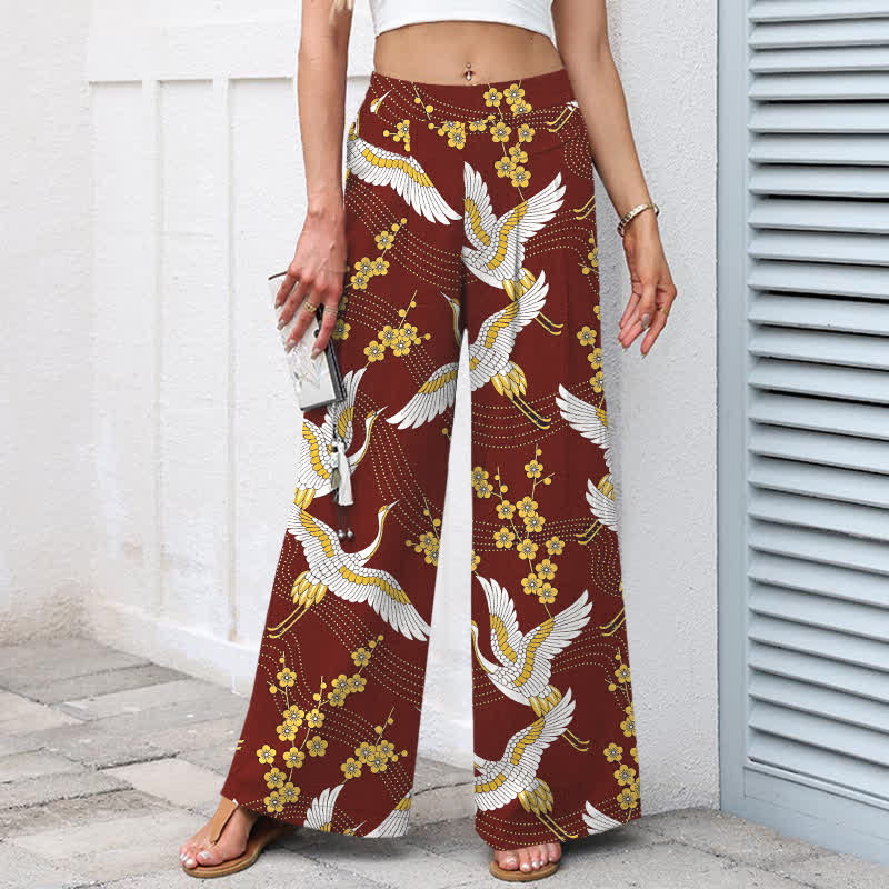Buddha Stones Pantalones de mujer de algodón y lino con estampado de grullas y flores, cintura elástica, pernera ancha y bolsillos. - image 8