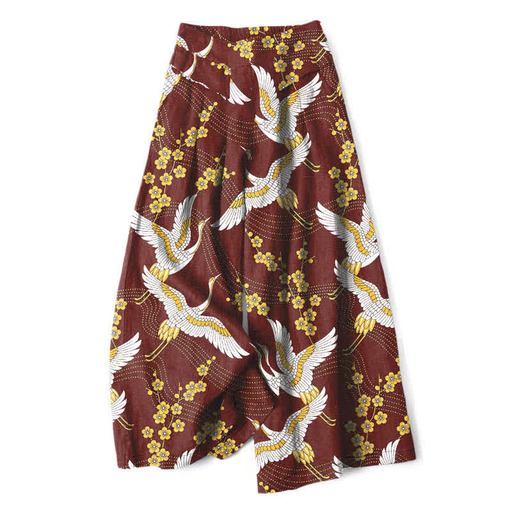 Buddha Stones Pantalones de mujer de algodón y lino con estampado de grullas y flores, cintura elástica, pernera ancha y bolsillos. - Granate - US16，UK/AU20，EU48 (3XL) - image 7