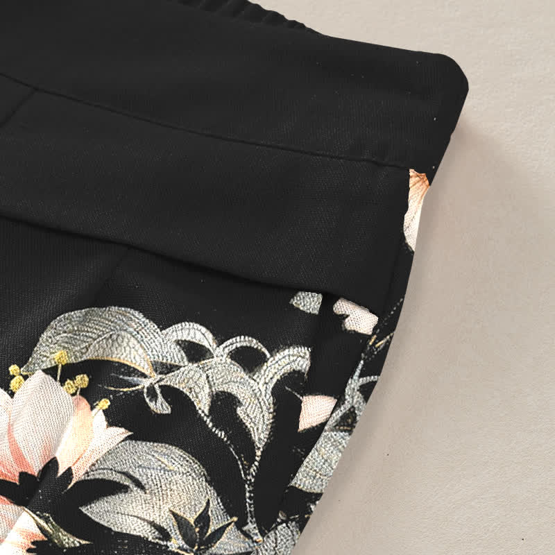 Buddha Stones Pantalones de mujer de lino y algodón con estampado de dragón oriental, cintura elástica y pernera ancha con bolsillos. - image 3