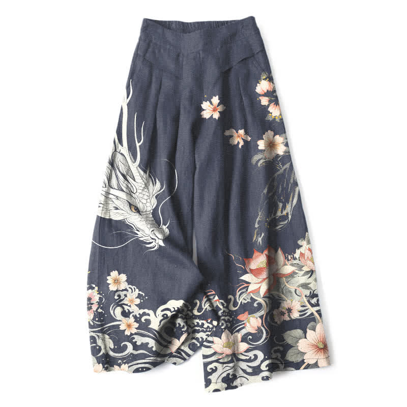 Buddha Stones Pantalones de mujer de lino y algodón con estampado de dragón oriental, cintura elástica y pernera ancha con bolsillos. - Marina de guerra - US16，UK/AU20，EU48 (3XL) - image 5