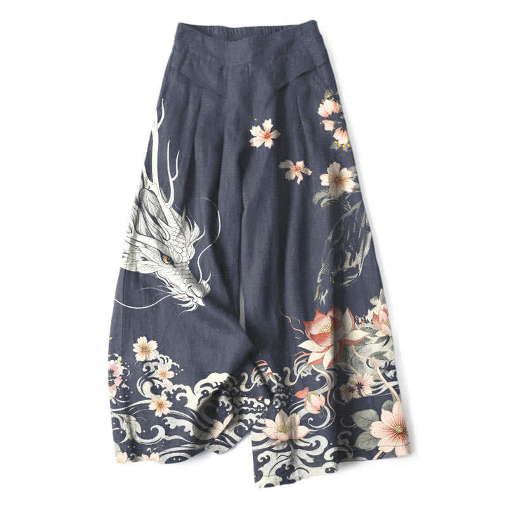 Buddha Stones Pantalones de mujer de lino y algodón con estampado de dragón oriental, cintura elástica y pernera ancha con bolsillos. - Marina de guerra - US16，UK/AU20，EU48 (3XL) - image 5
