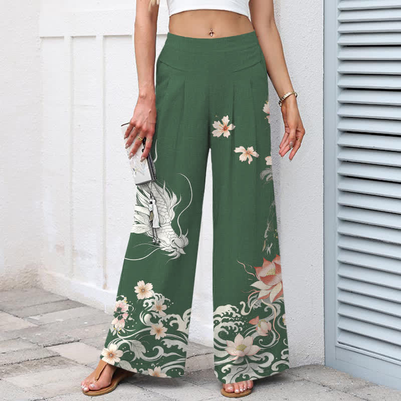 Buddha Stones Pantalones de mujer de lino y algodón con estampado de dragón oriental, cintura elástica y pernera ancha con bolsillos. - image 8