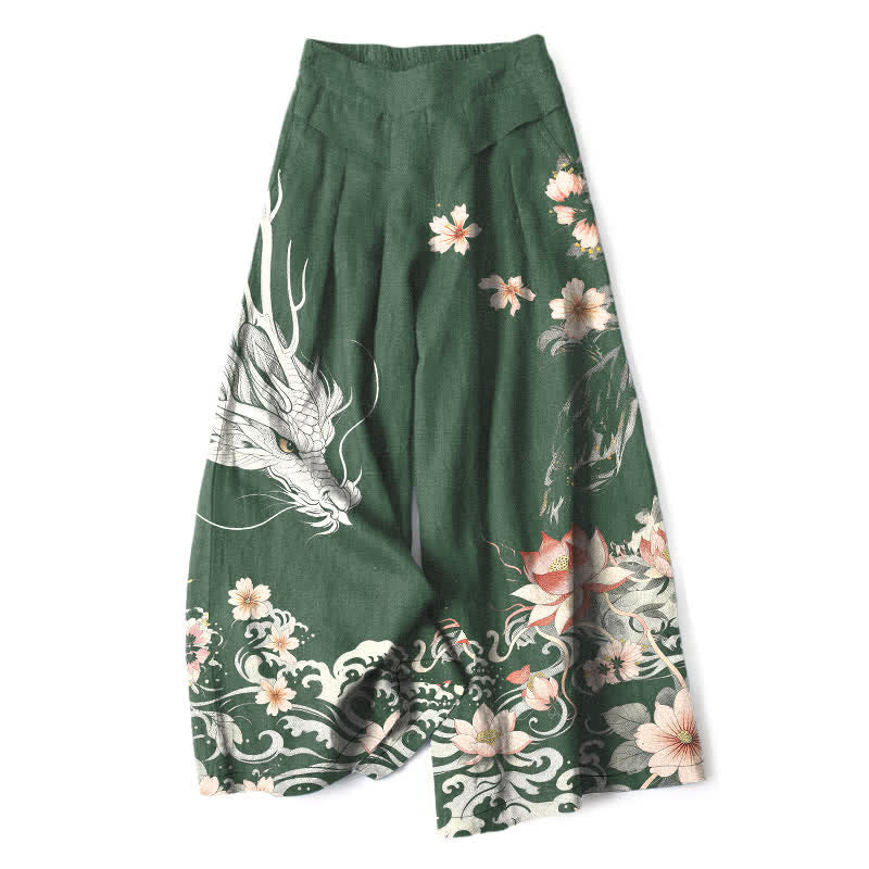 Buddha Stones Pantalones de mujer de lino y algodón con estampado de dragón oriental, cintura elástica y pernera ancha con bolsillos. - Verde bosque - US16，UK/AU20，EU48 (3XL) - image 7