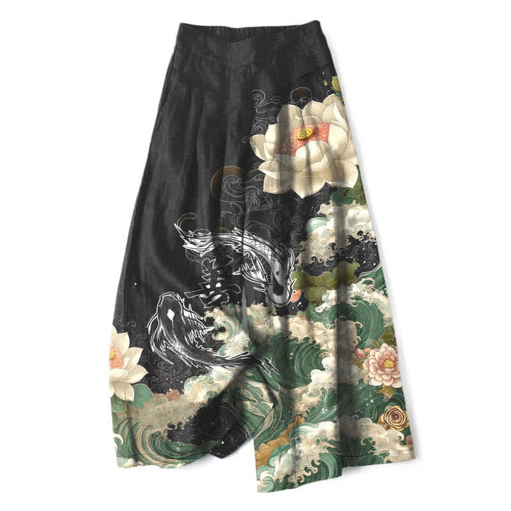 Buddha Stones Pantalones de mujer de algodón y lino con estampado de loto, carpa koi y olas, cintura elástica, pernera ancha y bolsillos. - Negro - US16，UK/AU20，EU48 (3XL) - image 0