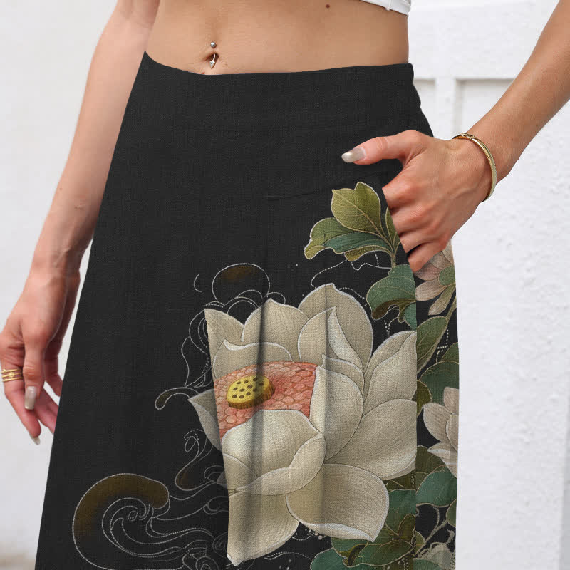 Buddha Stones Pantalones de mujer de algodón y lino con estampado de loto, carpa koi y olas, cintura elástica, pernera ancha y bolsillos. - image 2