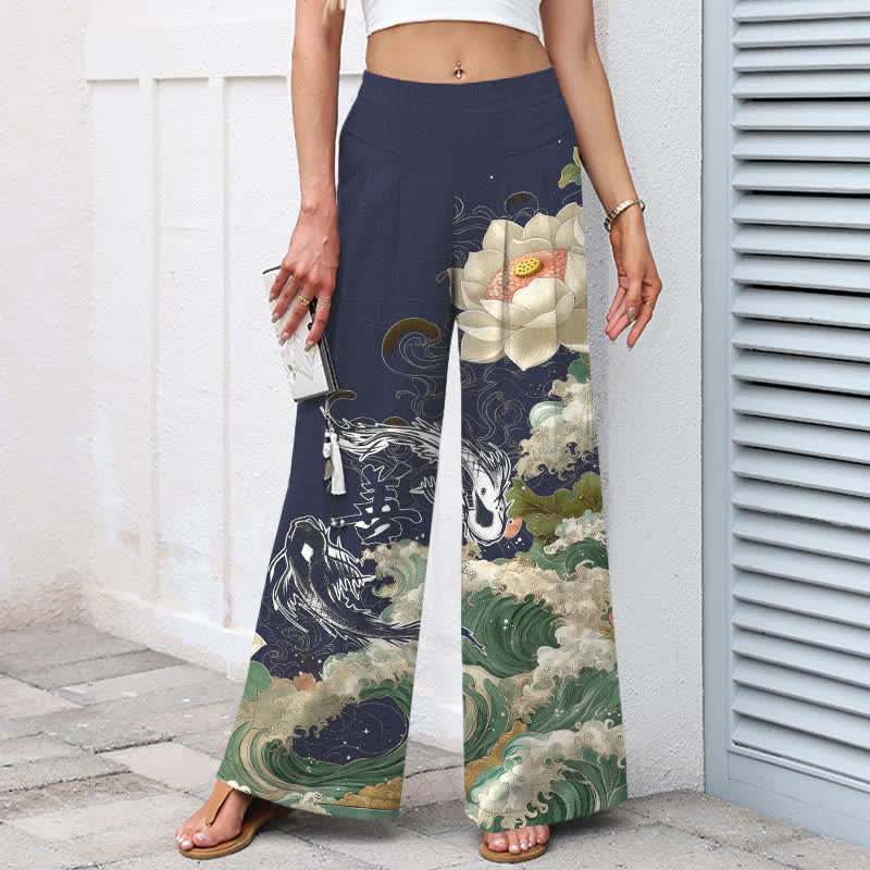 Buddha Stones Pantalones de mujer de algodón y lino con estampado de loto, carpa koi y olas, cintura elástica, pernera ancha y bolsillos. - image 6
