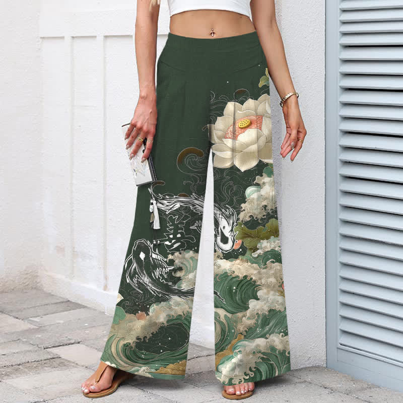 Buddha Stones Pantalones de mujer de algodón y lino con estampado de loto, carpa koi y olas, cintura elástica, pernera ancha y bolsillos. - image 8