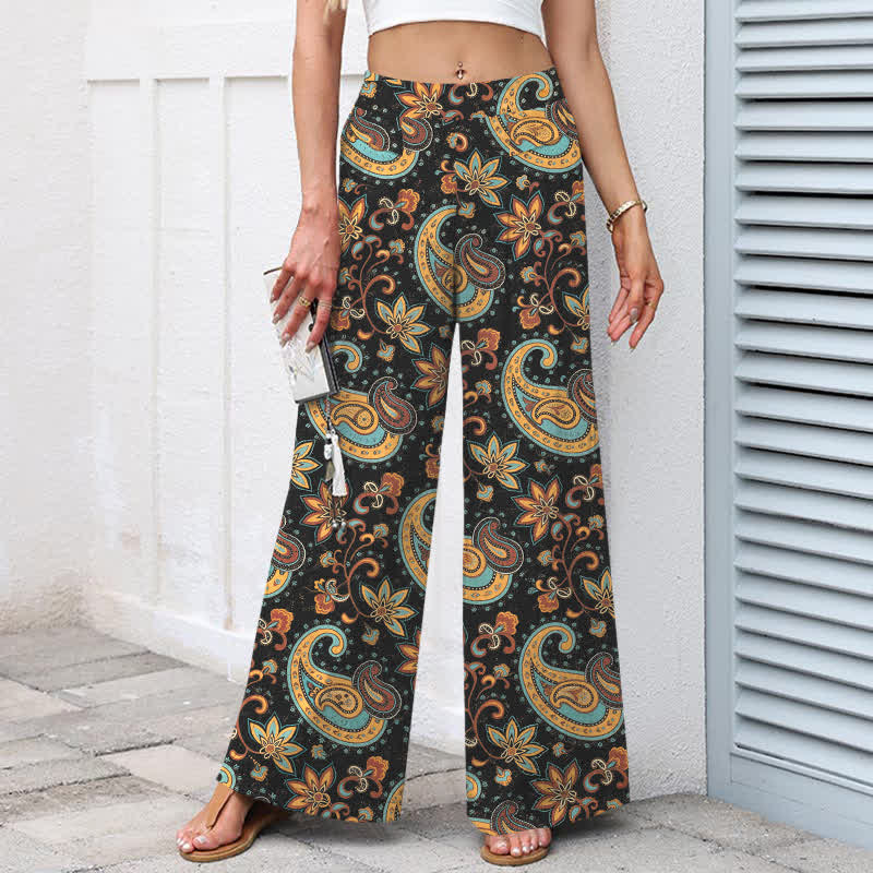 Buddha Stones Pantalones de mujer de algodón y lino con estampado floral paisley estilo bohemio, cintura elástica y pernera ancha con bolsillos. - image 1