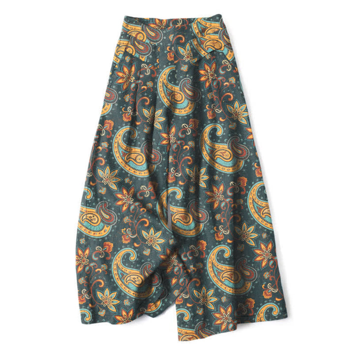 Buddha Stones Pantalones de mujer de algodón y lino con estampado floral paisley estilo bohemio, cintura elástica y pernera ancha con bolsillos. - Verde azulado - US16，UK/AU20，EU48 (3XL) - image 7