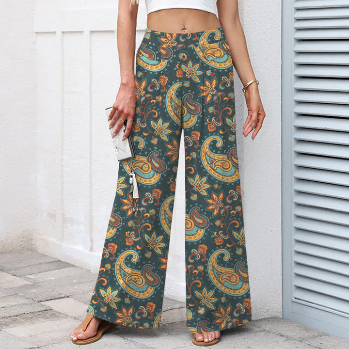 Buddha Stones Pantalones de mujer de algodón y lino con estampado floral paisley estilo bohemio, cintura elástica y pernera ancha con bolsillos. - image 8