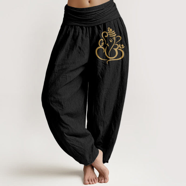Buddha Stones Pantalones harem de mujer con cintura elástica y estampado de Ganesha dorado, de algodón puro. - Negro - US16，UK/AU20，EU48 (3XL) - image 0