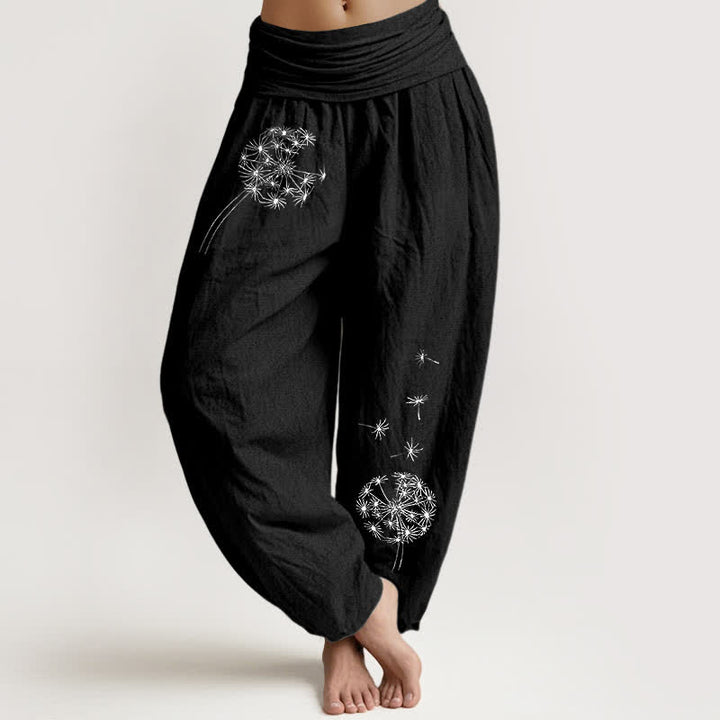 Buddha Stones Pantalones harem de mujer con cintura elástica y estampado de semillas de diente de león, de algodón puro. - Negro - US16，UK/AU20，EU48 (3XL) - image 5