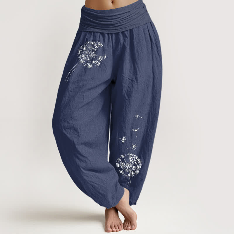Buddha Stones Pantalones harem de mujer con cintura elástica y estampado de semillas de diente de león, de algodón puro. - Azul pizarra oscuro - US16，UK/AU20，EU48 (3XL) - image 0