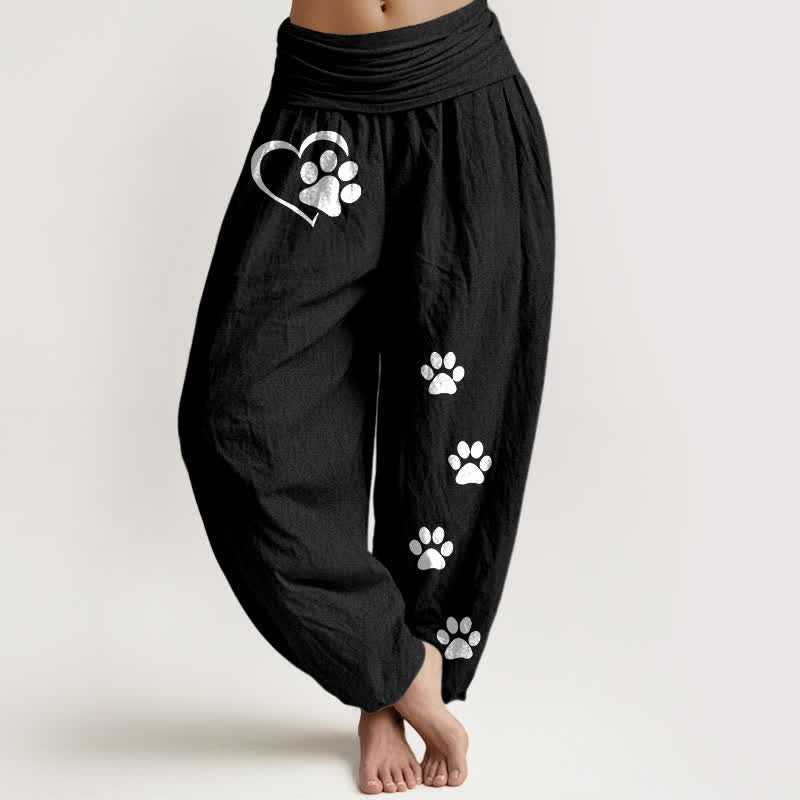 Buddha Stones Pantalones harem de algodón puro con estampado de huellas de patas y corazones para mujer, con cintura elástica. - Negro - US16，UK/AU20，EU48 (3XL) - image 0